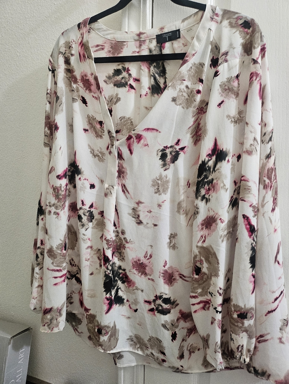 Tahari White Floral Print V-Neck Blouse with Pink and Taupe Accents